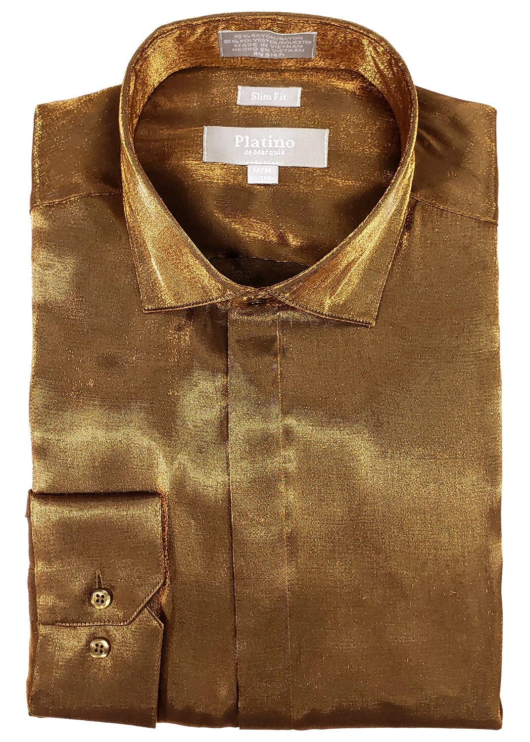 Camisa de satén Platino Slim Fit: Oro Brillante. Elegancia Clásica para el Hombre Moderno.
